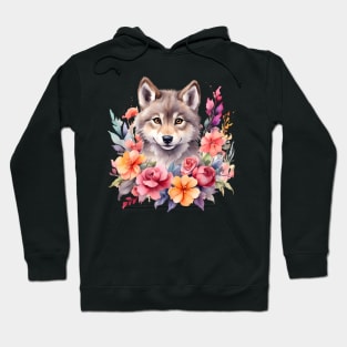 A wolf decorated with beautiful watercolor flowers Hoodie